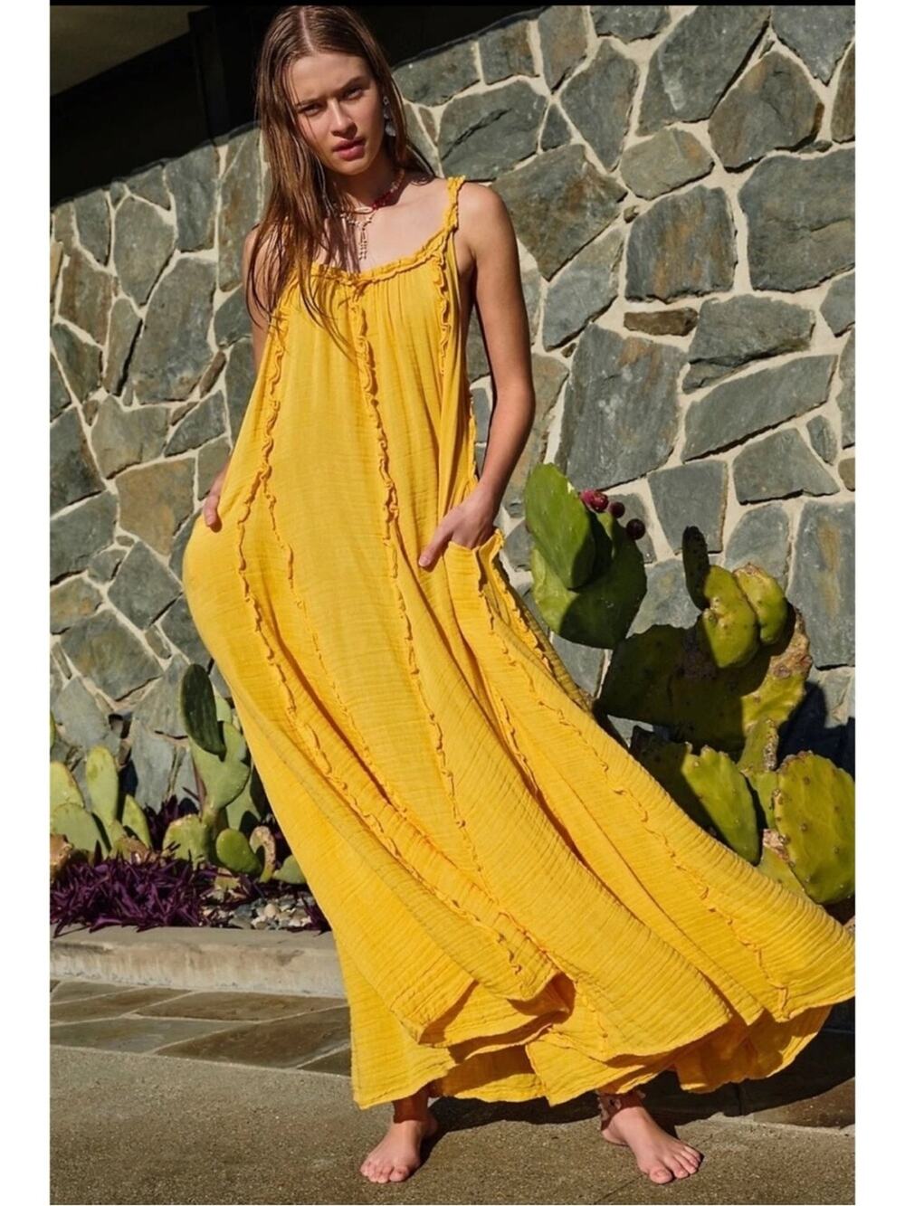 Free People Bohemian Ethereal Goddess Gauze Mckinley Maxi Dress Marigold Large